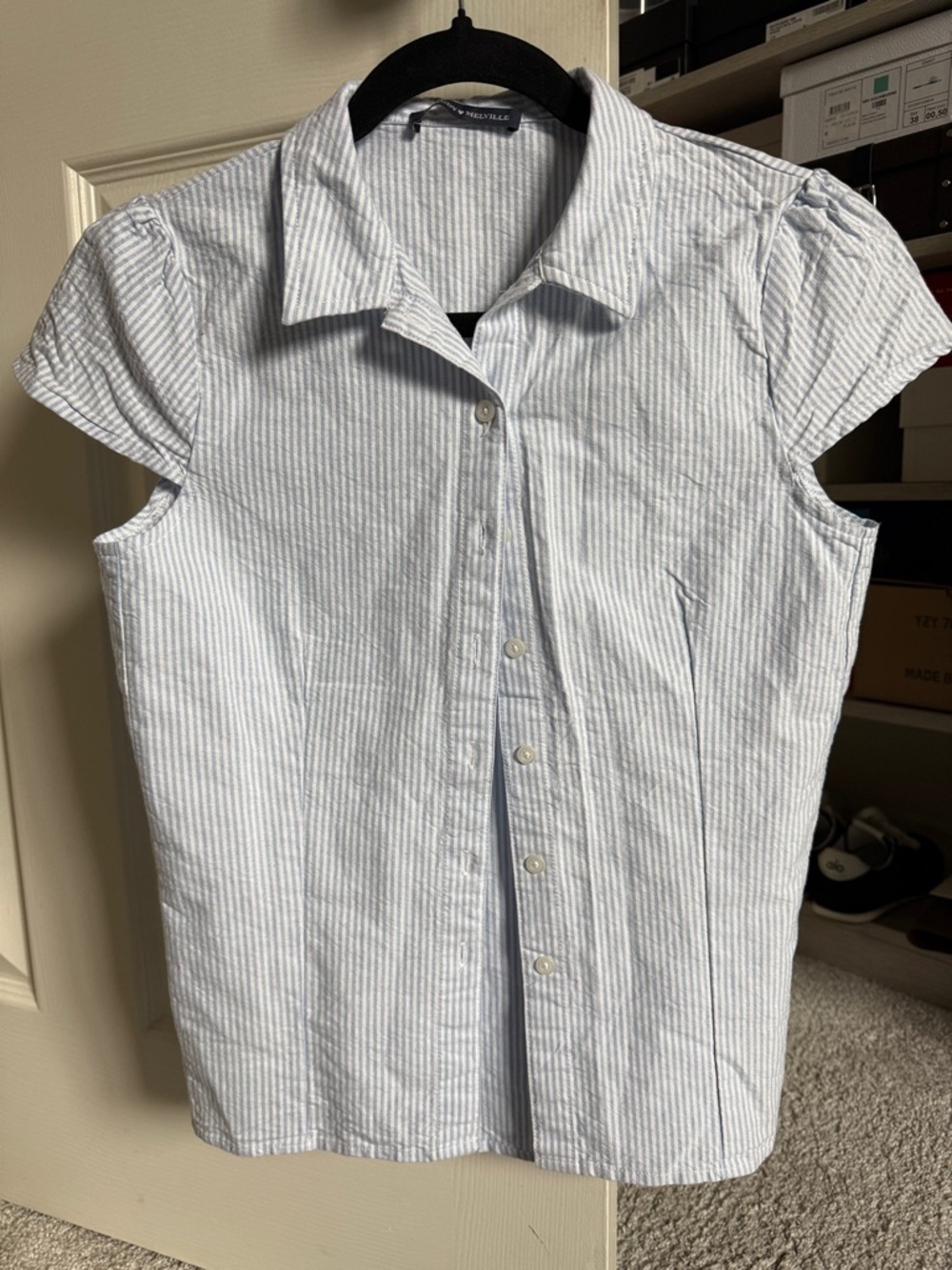 Brandy Melville White and Blue striped short sleeves Button-Down Shirt